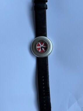 Alessi Black Strap Watch with Silver Case and Red Dial